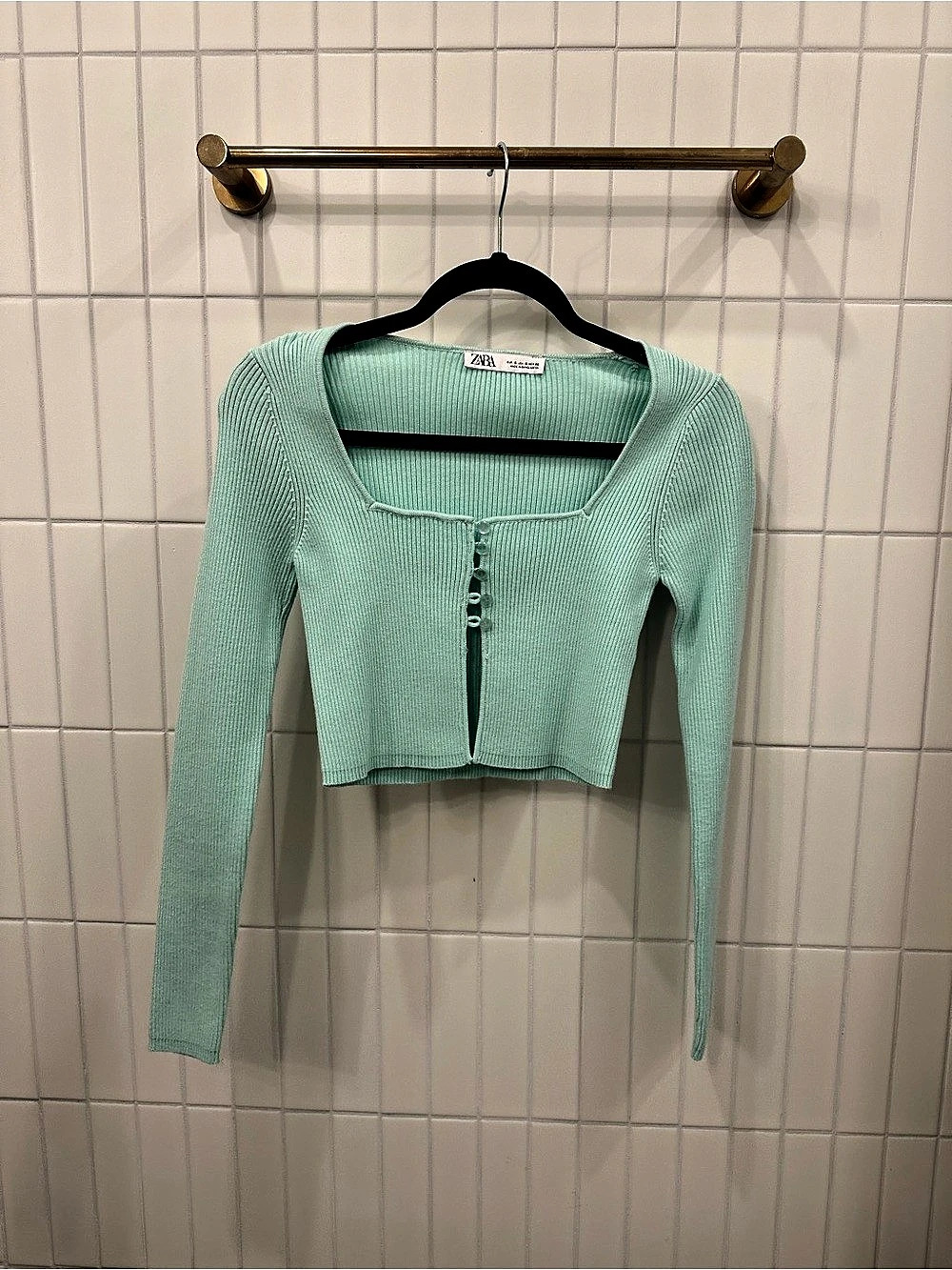 ZARA Ribbed Knit Cropped pastel blue Cardigan